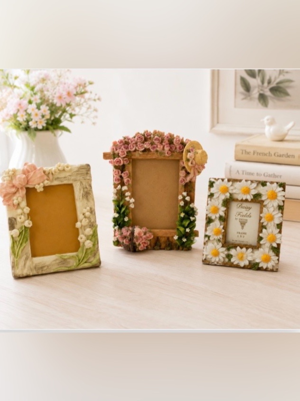 Lot of 3 Small Picture Frames 3D Floral Resin Roses Daisies Lily of Valley